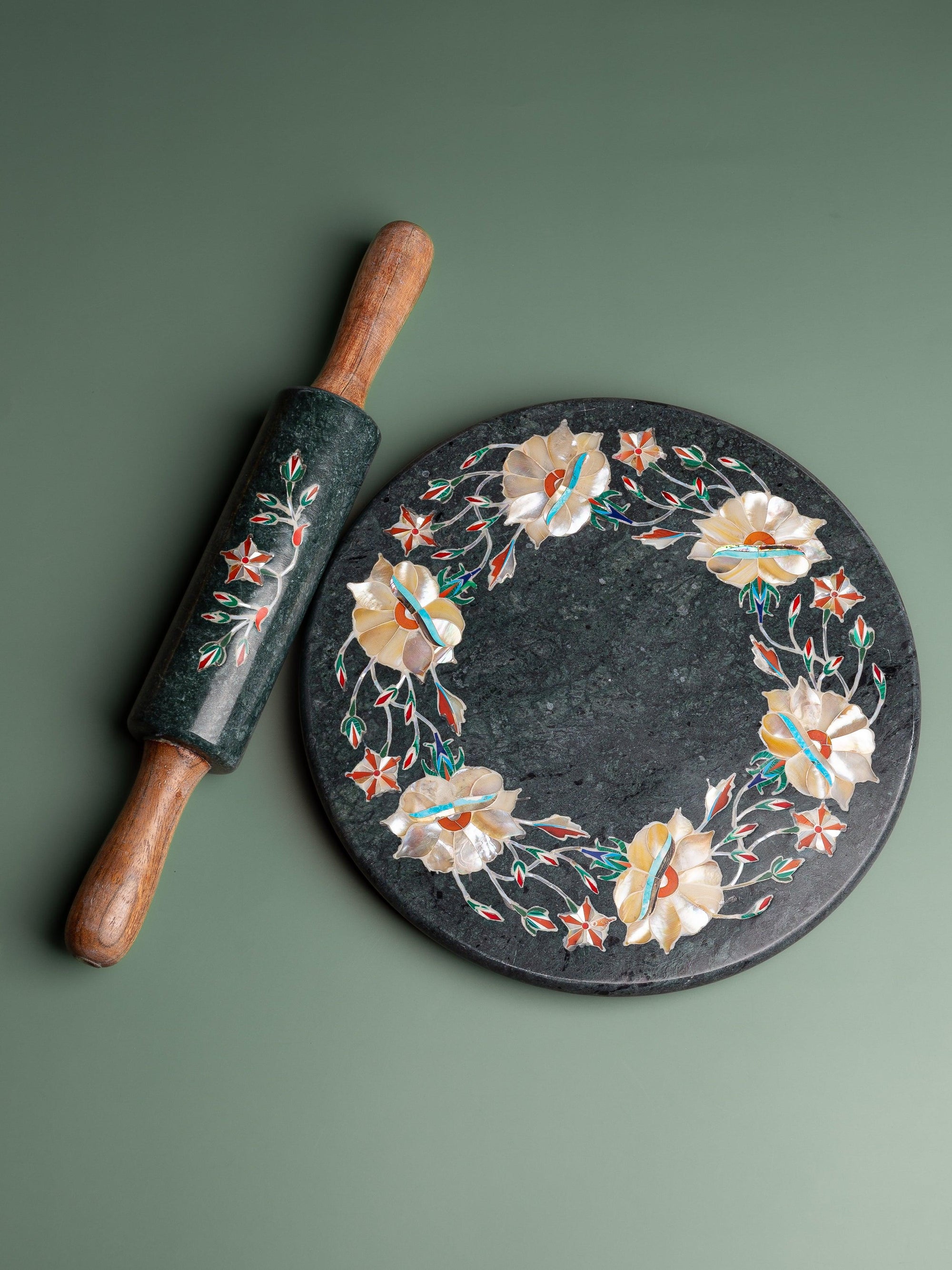 Green marble inlaid Chakla Belan / Rolling board and Pin set - The Heritage Artifacts
