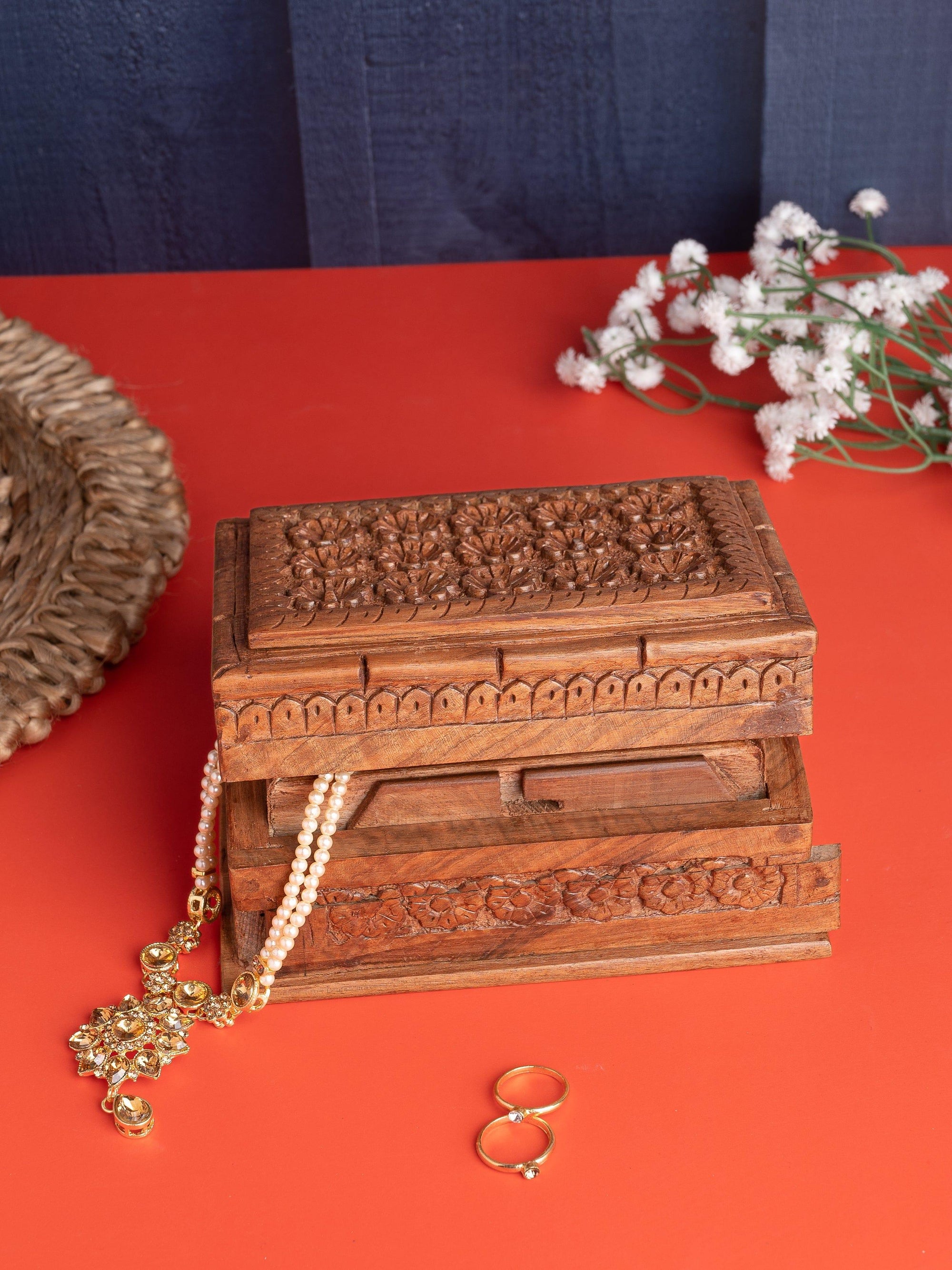 Walnut wood Rectangle Jewellery box with floral motif carving on top - 6x4 inches - The Heritage Artifacts