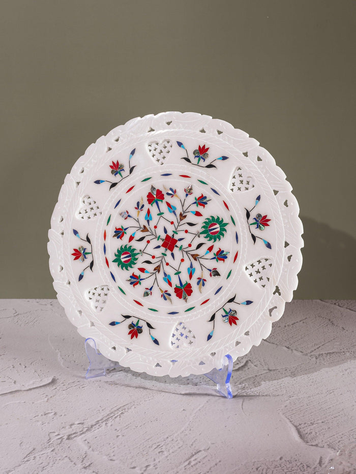 Marble décor plate with intricate red and green floral inlay work - 12 inches - The Heritage Artifacts