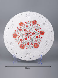 Marble décor plate with jali work and red floral inlay work - 12 inches - The Heritage Artifacts