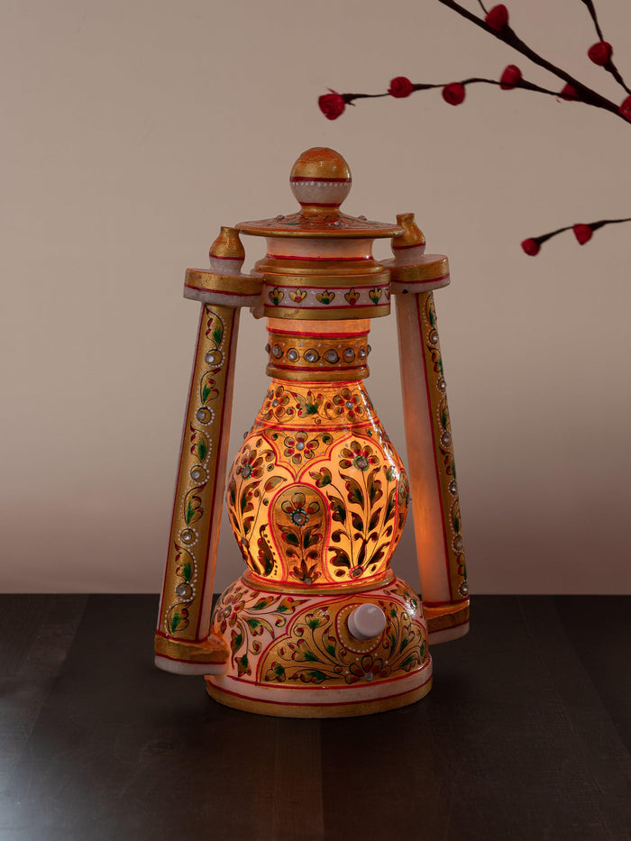 Marble painted Electric Lantern with colorful lights - size 12 inches - The Heritage Artifacts