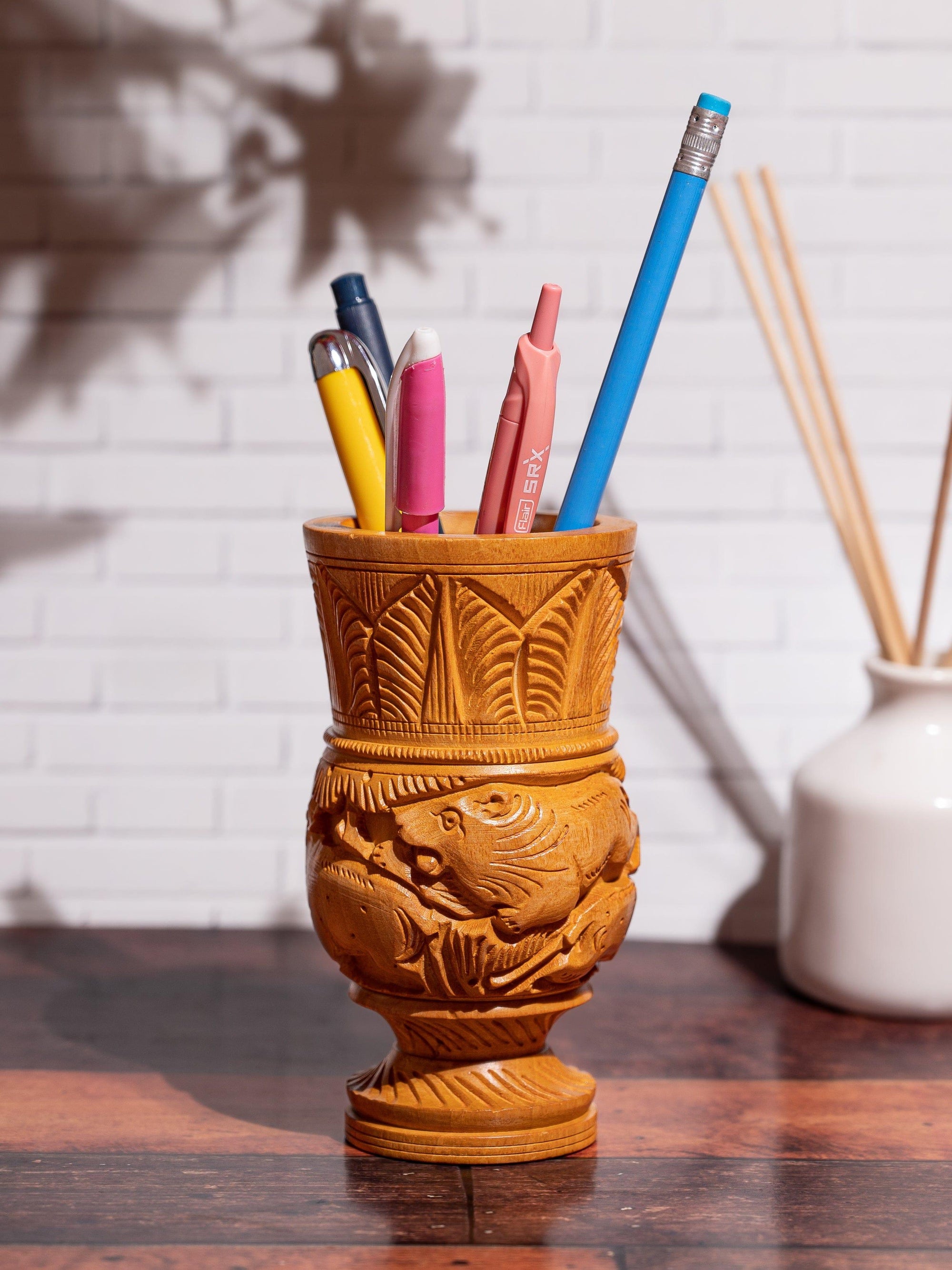 Hand carved Pen / Pencil holder made of Kadam wood - 5 inches height - The Heritage Artifacts