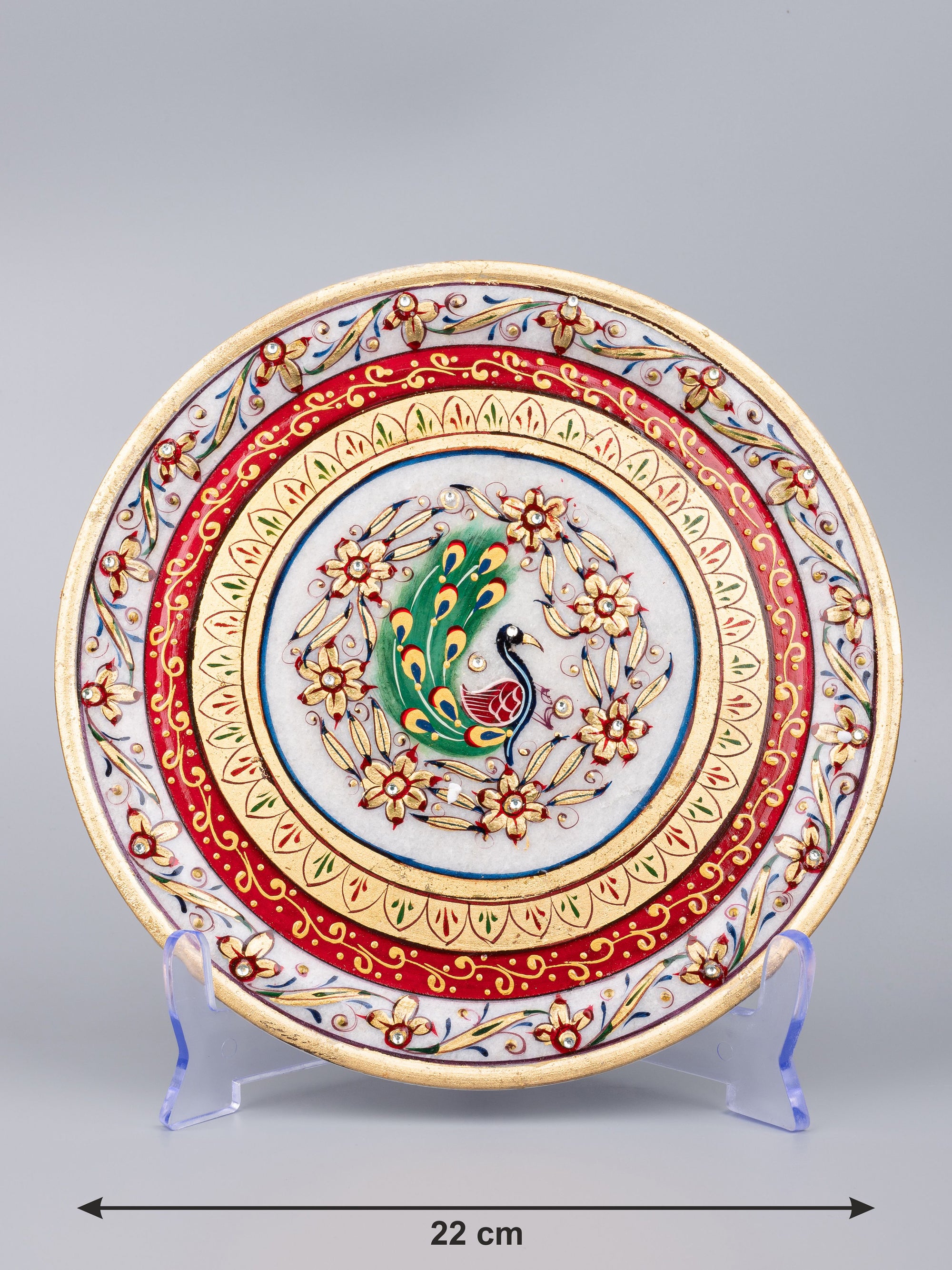 9 inches decorative marble plate with red and yellow meenakari painting - The Heritage Artifacts