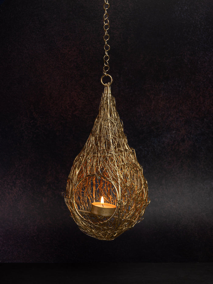 Hanging Bird Nest Lantern / Tea light Holder in Gold color - The Heritage Artifacts