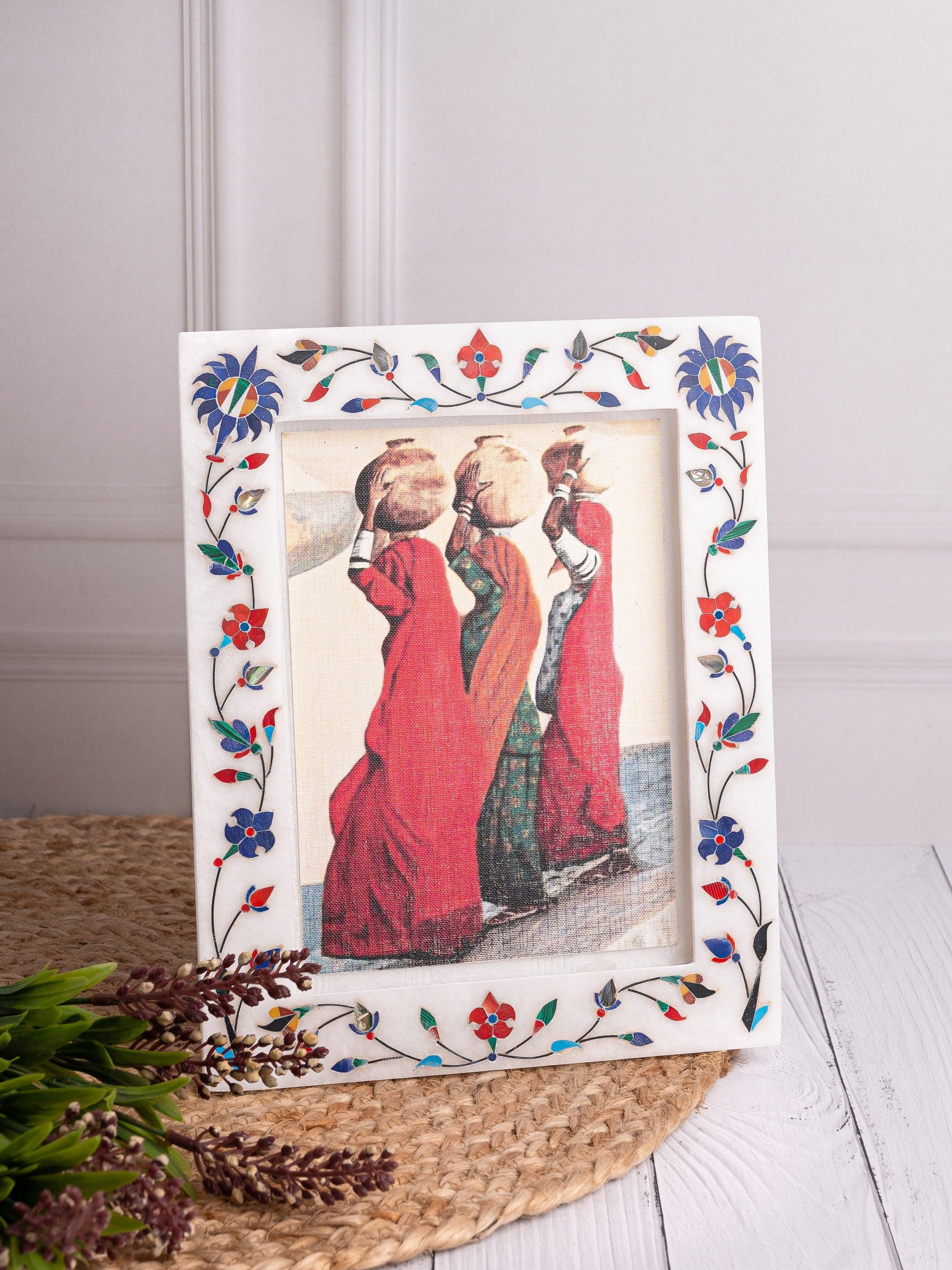 White marble photo / picture frame with inlay work - portrait view - The Heritage Artifacts