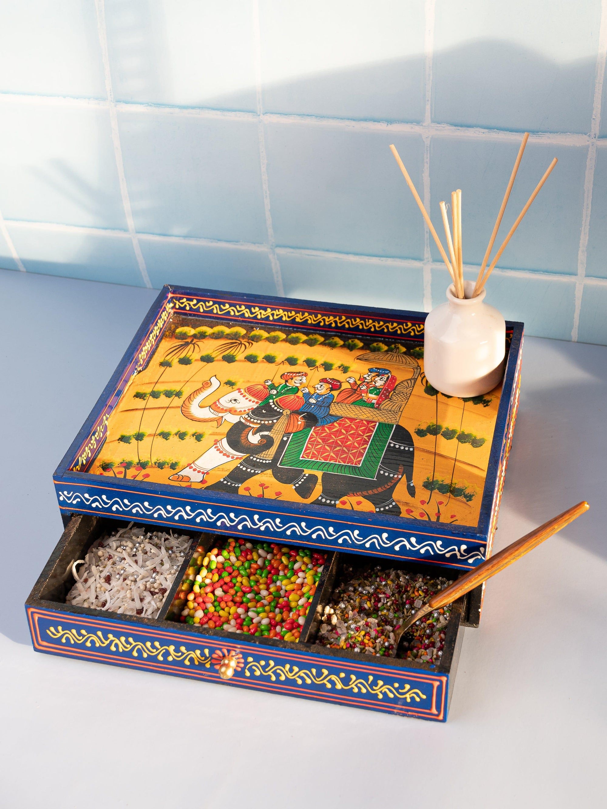 Colorful Hand Painted Square Wooden Tray with Drawers - The Heritage Artifacts