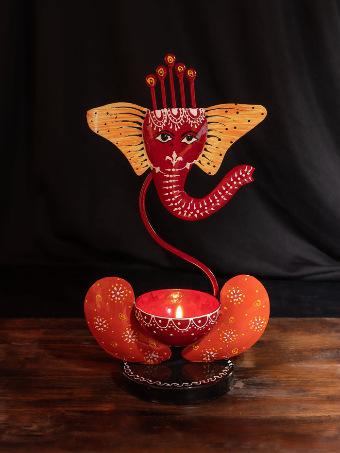 Handcrafted Metal Ganesh Tea light Holder in Red Color - 12 inches height - The Heritage Artifacts