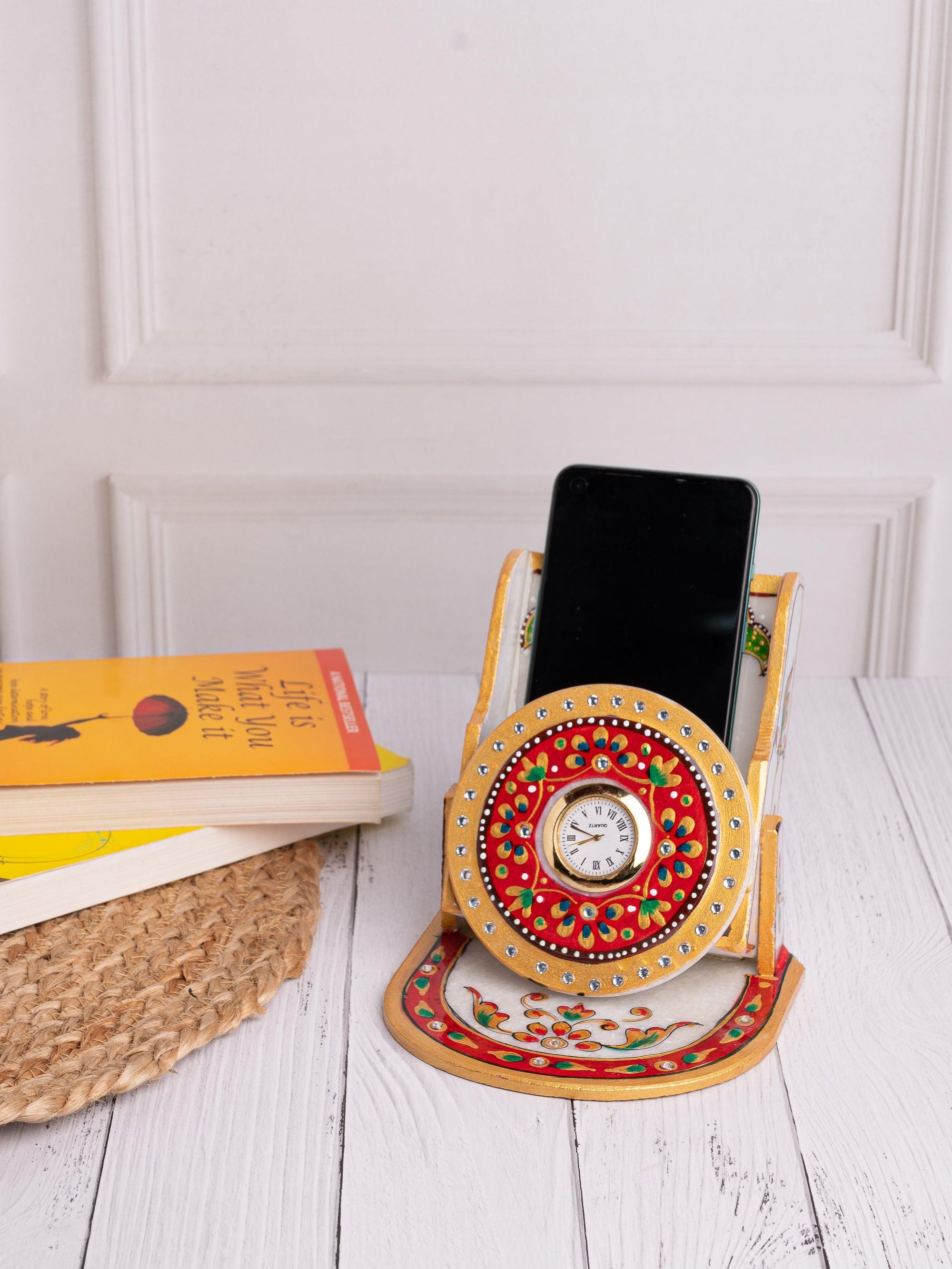 Marble mobile holder with clock - Red and Gold motifs - The Heritage Artifacts