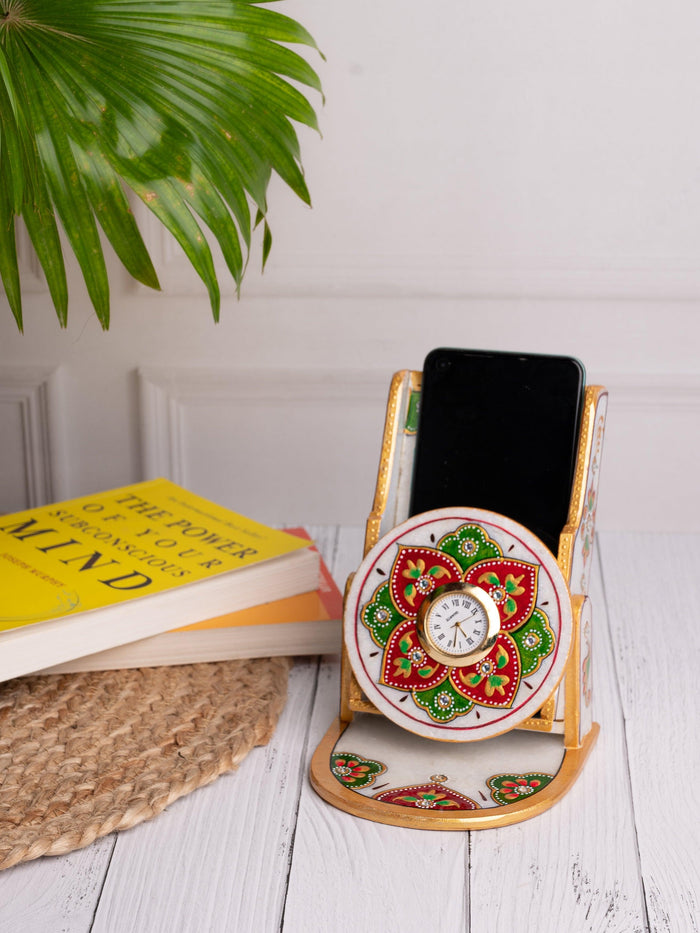 Marble mobile stand with analogue clock - Red and Green motifs - The Heritage Artifacts