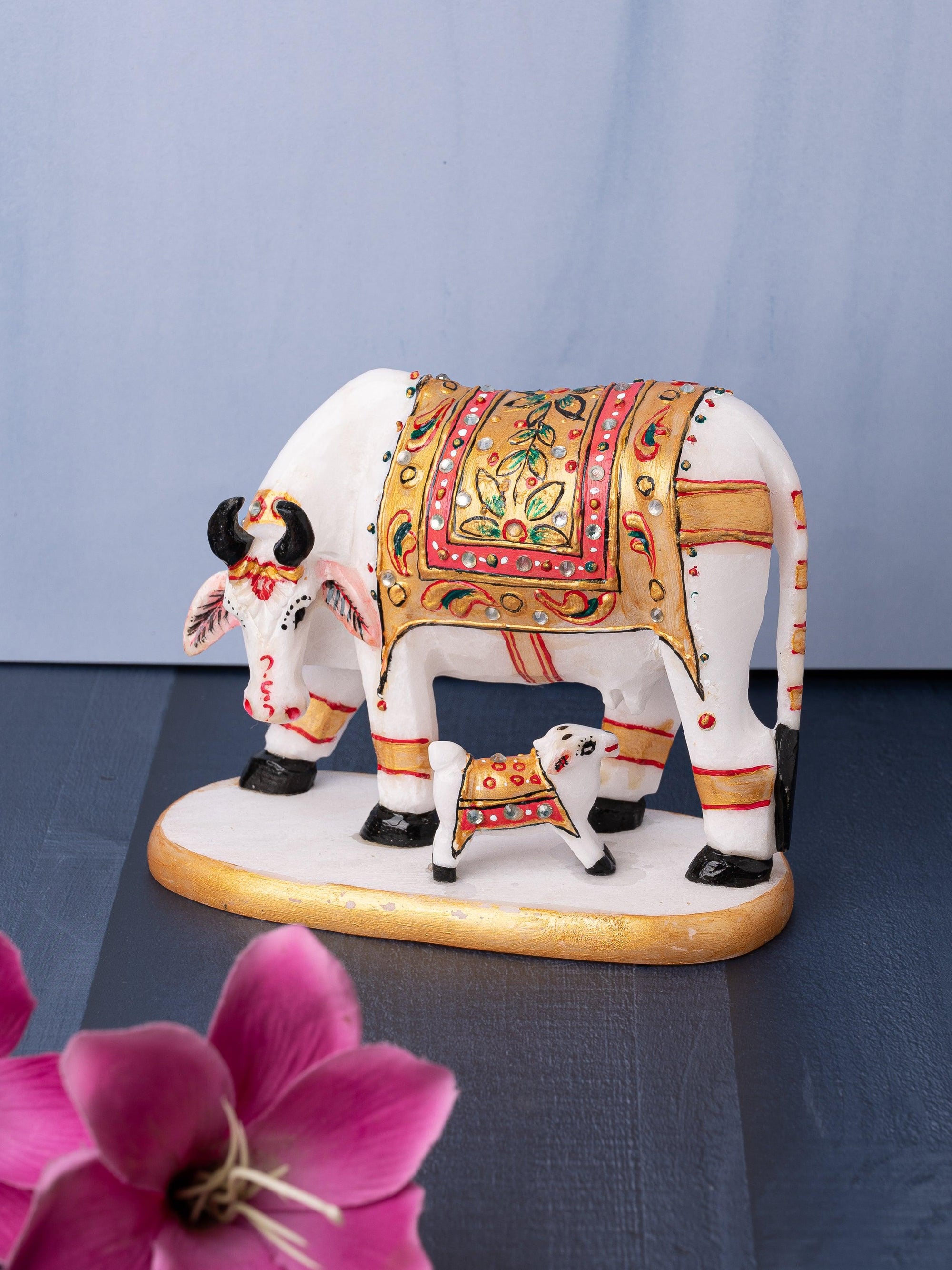 Kamdhenu cow with calf made of high quality marble with meenakari work - The Heritage Artifacts