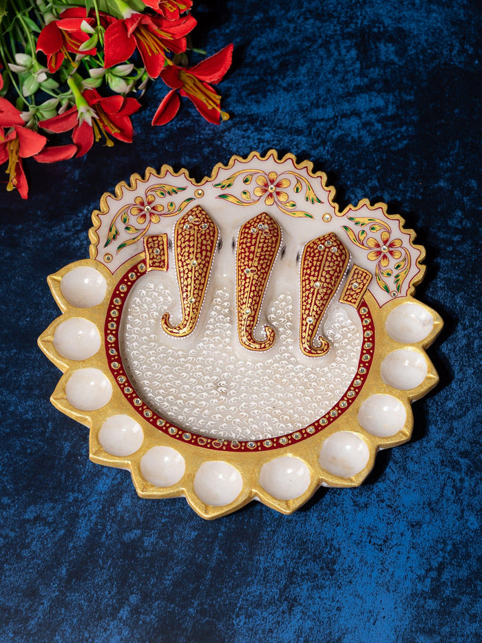 Marble 11 Diyas Puja Thali / Tray With Elephant Trunk Design at the Center - The Heritage Artifacts